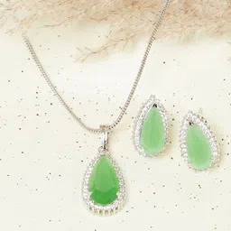 Voylla Women Rhodium-Plated Green & Silver-Toned Teardrop- Shaped Pendant with Earrings-image-60