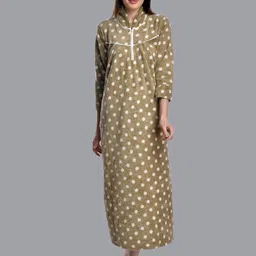 CIERGE Women Camel Brown & White Polka Dots Printed Maxi Sweat Nightdress-image-71