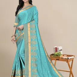 Mitera Turquoise Blue & Gold-Toned Ethnic Motifs Embroidered Silk Blend Saree-image-4