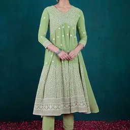 Kvsfab Floral Embroidered Pleated Sequinned Georgette A-Line Kurta With Trousers-image-6