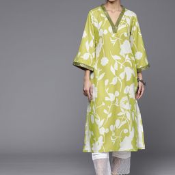 Varanga Lime Green & Off White Floral Printed Flared Sleeves Sequinned Kurta-picture-14