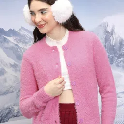 Tokyo Talkies Pink Round Neck Acrylic Cropped Cardigan Sweater-picture-33