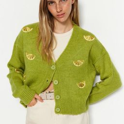 Trendyol Embroidered Detail V-Neck Acrylic Crop Cardigan-image-6