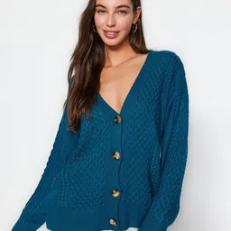 Trendyol V-Neck Cable Knit Pure Acrylic Cardigan Sweaters image 1