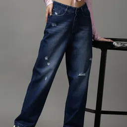 SHOWOFF Women Navy Blue Straight Fit Mildly Distressed Light Fade Jeans-picture-37