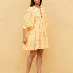 StyleCast Yellow Floral Printed Cuffed Sleeves Gathered Fit & Flare Mini Dress-picture-24