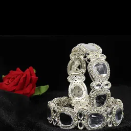 ZULKA Set of 2 Metal Zircon Stone & Kundan Mirror Work Bangles-image-23