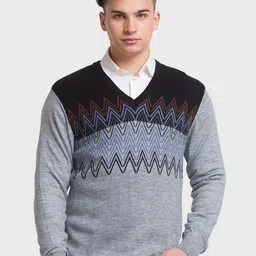 ColorPlus Men Grey & Black Self Design Pullover-image-4