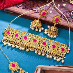 Sukkhi Gold-Plated Stone-Studded and Beaded Necklace & Earrings Set With Maang Tika-picture-12