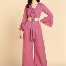 Rudraaksha Creations V-Neck Bell Sleeves Crop Top & Palazzos image 1