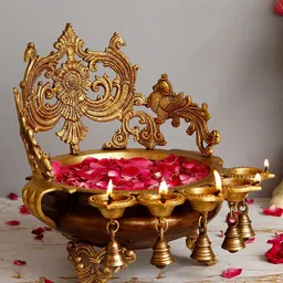 eCraftIndia Golden Decorative Handcrafted Ethnic Brass Urli With Bells and 5 Diyas-image-9