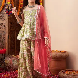 Cherry & Jerry Girls Floral Printed Gotta Patti Pure Cotton Kurti with Sharara & Dupatta-picture-53