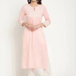 SAVI Floral Embroidered Keyhole Neck Cotton A-Line Kurta-image-31