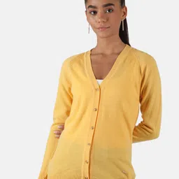 Monte Carlo Women's Blend Wool Yellow Solid V Neck Cardigan-picture-13