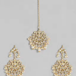 I Jewels Gold-Plated White Kundan Studded & Beaded Classic Drop Earrings with Maang Tika-picture-10