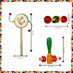little ginnie Wooden Rattle Set of 3 | Ring Dhapli Dumble Rattle For Age 6+ Months Babies Rattle image 2