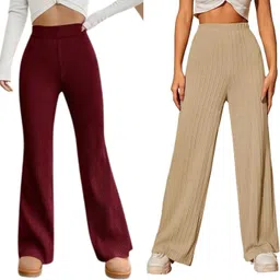 khdijh creation Pack of 2 Women Regular Fit, Comfort Fit Maroon, Beige Cotton Blend Trousers-picture-24