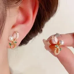 rv yuwon Korean Pink Tulip Cross Pearl Stud Earring For Women And Girls Cubic Zirconia Brass Stud Earring image 2