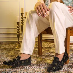 fausto Silk Zardosi Sequin Velvet Ethnic Slip On Juttis for Festive|Cocktail Slip On Mojaris For Men image 2