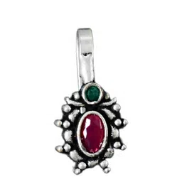 TEEJH Oxidised Silver-Plated Pink & Green Stone-Studded Parthavi Nose Pin image 3