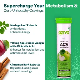 OZiva ACV (Apple Cider Vinegar) Moringa to Control Cravings| No Maltodextrin, No Added Sugar | 15 Effervescent Tablets - Green apple image 5