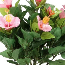 fourwalls Polyester Pink Hibiscus Flower With Glossy Ceramic Vase Artificial Plants image 4