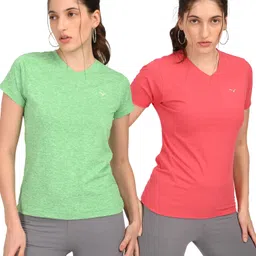 coppersmith combo tshirt Pack of 2 Women Solid V Neck Polyester Pink, Light Green T-Shirt-picture-25