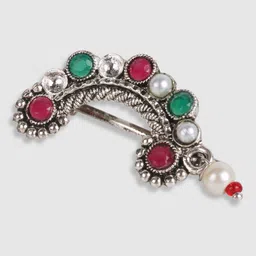JEWELS GEHNA Oxidised Sliver-Plated & CZ Studded Maharashtrian Nose Pin image 3