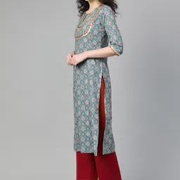 Varanga Women Green & Pink Floral Printed Kurta image 2