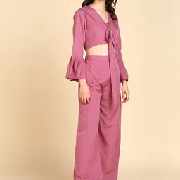 Rudraaksha Creations V-Neck Bell Sleeves Crop Top & Palazzos image 3