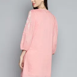 SCOUP Peach-Coloured & White Floral Embroidered Pure Cotton A-Line Dress image 4