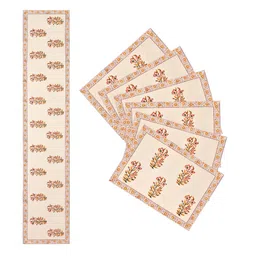 BLOCKS OF INDIA 7 Pcs Beige & Orange Block Print Pure Cotton Table Placemats & Runner image 3