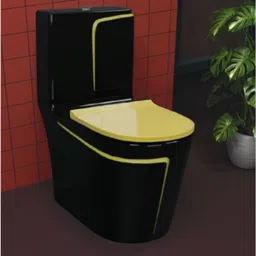 solano Black Commode WIth Yellow FInishing Line & Round Flush Button (Yellow Seatcover) Western Commode image 2