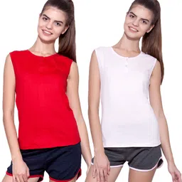 ap'pulse Pack of 2 Women Solid Henley Neck Pure Cotton Red, Pink T-Shirt-picture-23