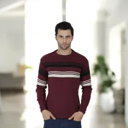 fukuso Men Striped Round Neck Maroon Sweater-picture-45