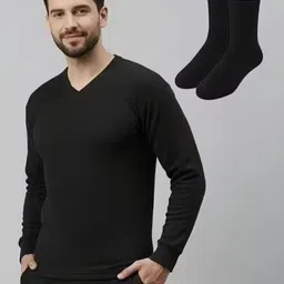 htj Slim-Fit Black Thermal Innerwear for Men - Warm V-Neck Undershirt Garam Baniyan Men Top - Pyjama Set Thermal image 4
