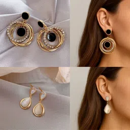 lemans Premium Elegant Korean Earrings | Combo of 2 | Pearl Drop & Black Hoop Earrings| Cubic Zirconia Sterling Silver Drops & Danglers-picture-14