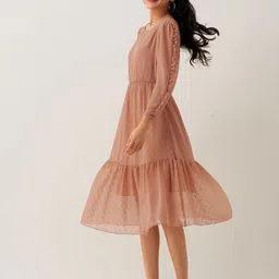 AASK Self Design Puff Sleeves Tiered Crepe Fit and Flare Midi Dress image 4