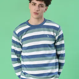 v-mart Men Striped Round Neck Blue Sweater image 2