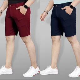 ynam Pack of 2 Solid Men Blue, Maroon Regular Shorts image 1