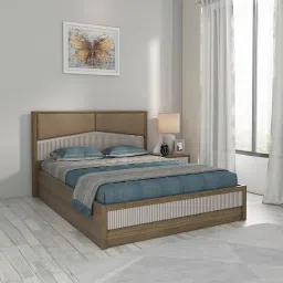 spacewood Kosmo Nora Upholstered Queen Size Bed In Lyon Walnut Finish With Hydraulic Storage image 1