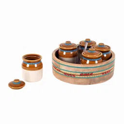 aakriti art creations Multicolor Ceramic and Wood 5 Pcs Storage Jar with Spoon & Tray image 5