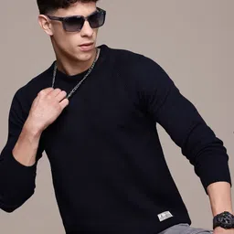 roadster Men Solid Round Neck Blue Sweater-picture-26