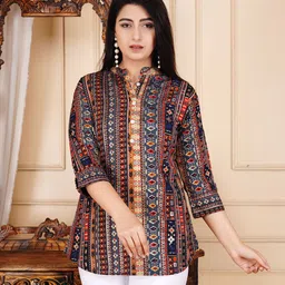 gudwear Party Roll Up Sleeves Printed Women Blue Top image 3