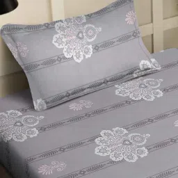 klotthe Grey Floral 400 TC Pure Cotton Single Bedsheet with Pillow Cover image 3