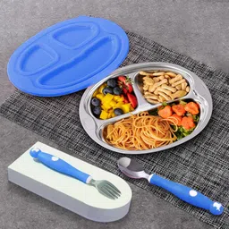 Stainless Steel Baby Suction Plates with 1 Spoon & 1 Fork, Dinner Plate-image-72