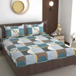 real dream Blue Geomatric Glace Cotton Queen Flat Bed Sheets with 2 Pillow Covers (240 tc)-picture-21