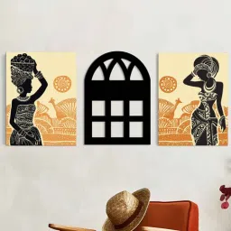 art street Stretched Canvas Wall Art Painting, Black African Lady, MDF Jali, (Set of 3, 12x16 Inch Each)-picture-18