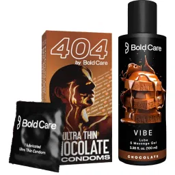 404 by Bold Care Super Ultra Thin Chocolate Flavored Condoms For Men - 60 Microns - 10 Units + Bold Care Vibe - Natural Personal Lubricant for Men & Women - Premium Chocolate Flavour - 100 ml - Combo-image-73
