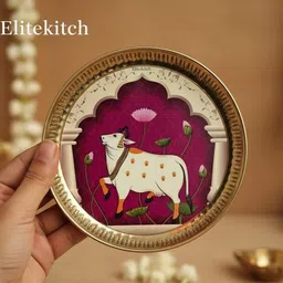 elitekitch Designer 6 Inch Engraved Brass Pooja Plate | Heavy Duty Aasan Thali Dinner Plate image 1